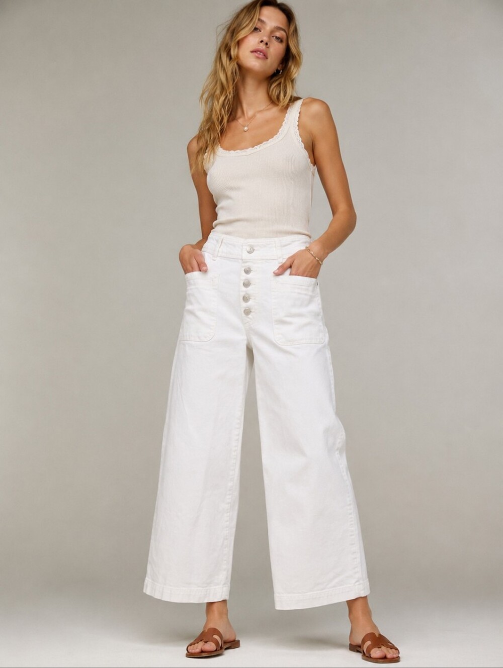 We The Free White Sailor Button Wide Leg Crop Jeans | Size 25